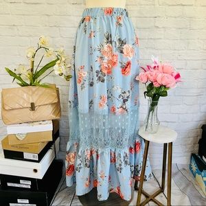 Blue Floral & Lace Skirt